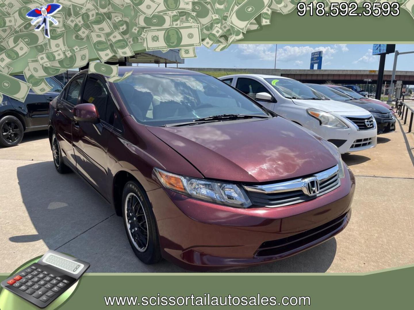 2012 MAROON Honda Civic LX Sedan 5-Speed AT (19XFB2F52CE) with an 1.8L L4 SOHC 16V engine, 5-Speed Automatic transmission, located at 24375 E. Hwy 51, Broken Arrow, OK, 74014, (918) 592-3593, 36.156311, -95.992752 - Photo#0