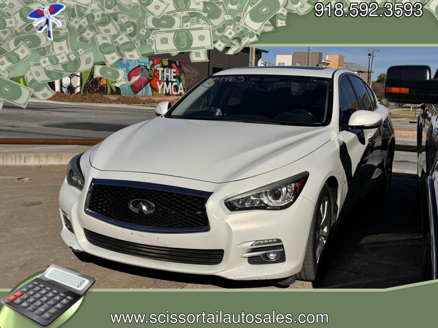 2015 WHITE Infiniti Q50 Premium (JN1BV7AP2FM) with an 3.7L V6 DOHC 24V HYBRID engine, 7-Speed Automatic transmission, located at 8101 E. Skelly Dr., Tulsa, OK, 74129, (918) 592-3593, 36.121891, -95.888802 - Photo#0